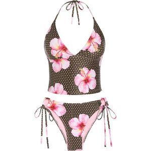 Tankinis Striped Halter String Tie Side 2 Piece Set, Medium, 13J-192Swim002